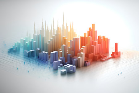 abstract 3d illustration of city background with skyscrapers and chartsの素材