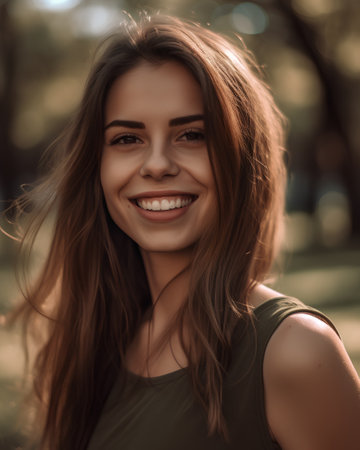 Portrait of a beautiful young woman with long brown hair smiling and looking at the camera.の素材