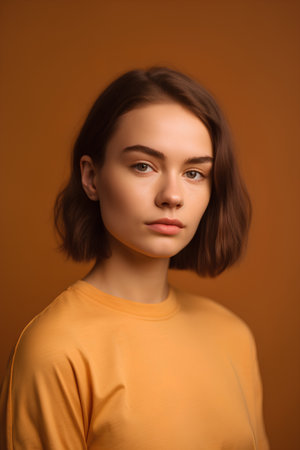 beautiful young woman in yellow sweater looking at camera isolated on brownの素材