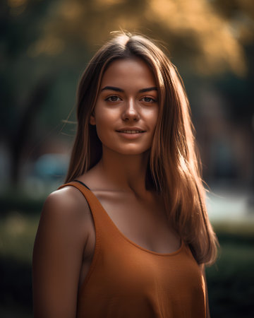 Portrait of beautiful young woman with long hair in summer park.の素材