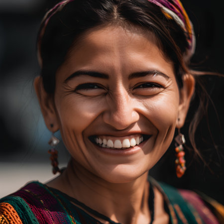 Portrait of a beautiful smiling woman with traditional clothes in the streetの素材