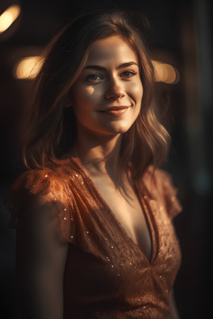 Portrait of a beautiful young woman in a golden dress on a dark backgroundの素材