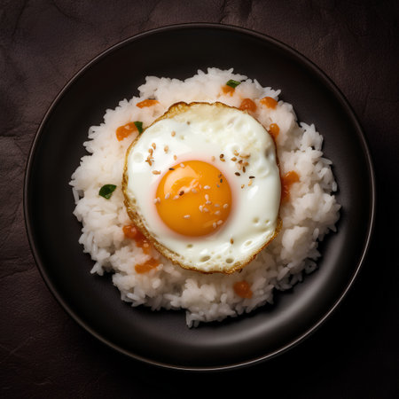 Fried egg with rice in a plate on a dark background.の素材