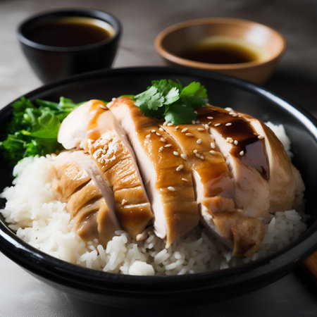 Rice with teriyaki chicken on a dark background. toning. selective focusの素材