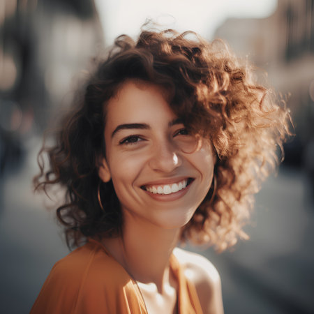 Portrait of a beautiful young woman with curly hair smiling and looking at the cameraの素材