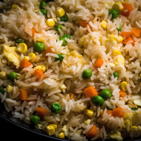 Fried rice with vegetables on a black background. Vegetarian food.の素材