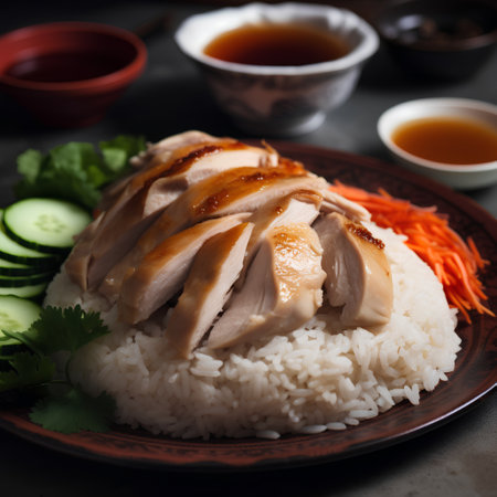 Hainanese chicken rice on a plate with soy sauce.の素材