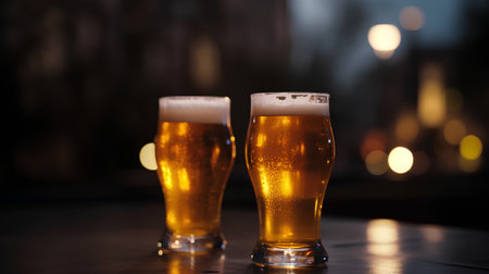 Two glasses of beer on a table in a pub at night.の素材