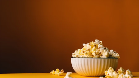 Popcorn in a bowl on a yellow background. Copy space.の素材