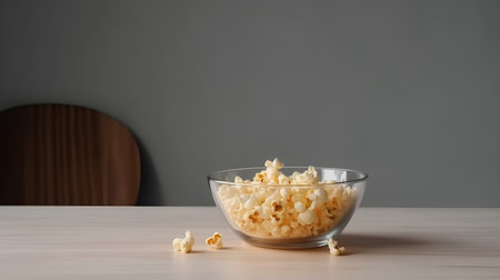 Popcorn in glass bowl on wooden table and grey wall background.の素材