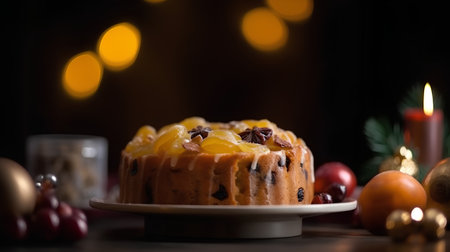 Christmas cake with raisins and dried apricots, selective focusの素材