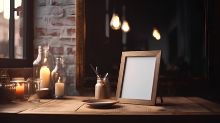 Wooden photo frame on the table in a restaurant with candles.の素材