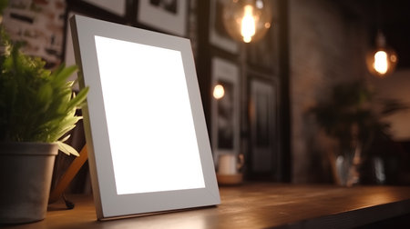Mock up blank photo frame on wooden table in coffee shop.の素材