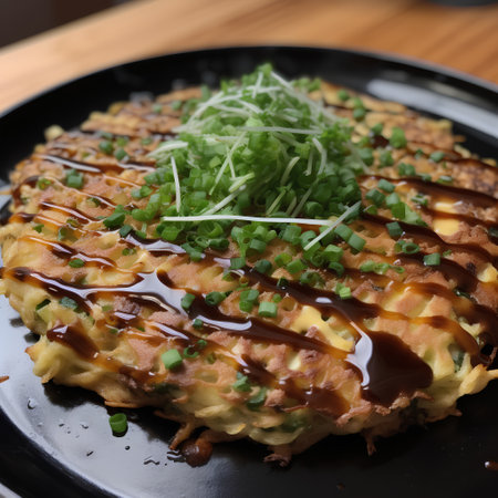 Japanese omelet with soy sauce and sprouts on black plate