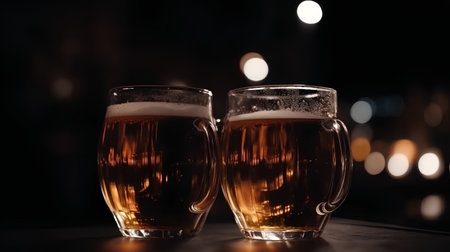 Two glasses of beer on a bar counter with bokeh backgroundの素材