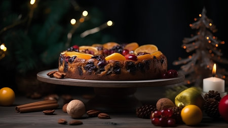 Christmas fruit cake with raisins, cranberries and oranges on wooden tableの素材