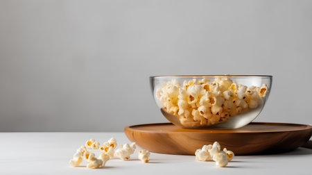 Popcorn in a glass bowl on a wooden stand on a gray backgroundの素材