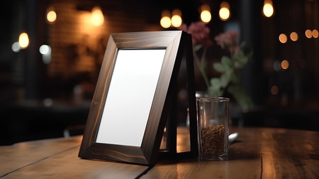 Empty photo frame on a wooden table in a cafe or restaurant.の素材