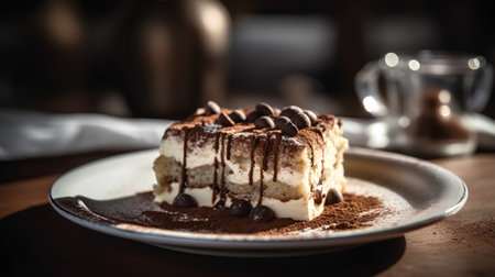 Tiramisu cake with chocolate and cocoa powder on wooden tableの素材