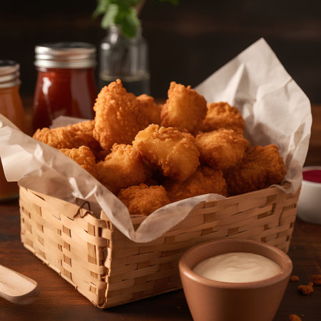 Basket with fried chicken nuggets and sauces on dark wooden backgroundの素材