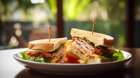 Sandwich with ham, cheese and vegetables on a wooden table.の素材