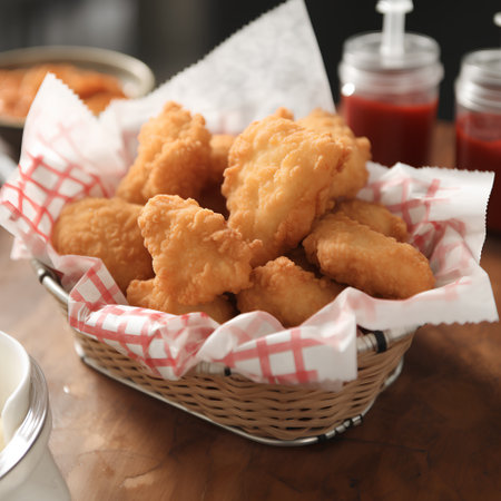 Basket of fried chicken nuggets with sauce on table, closeupの素材