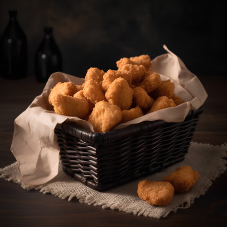 Fried chicken nuggets in a basket on a wooden background. Selective focus.の素材