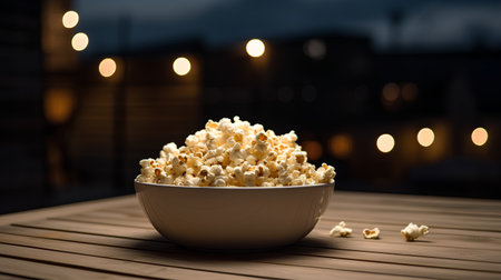 Bowl of popcorn on wooden table in front of defocused lightsの素材
