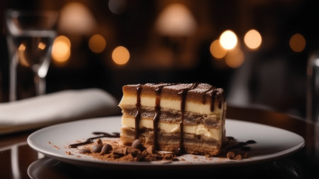 Delicious tiramisu cake on a plate, close-upの素材
