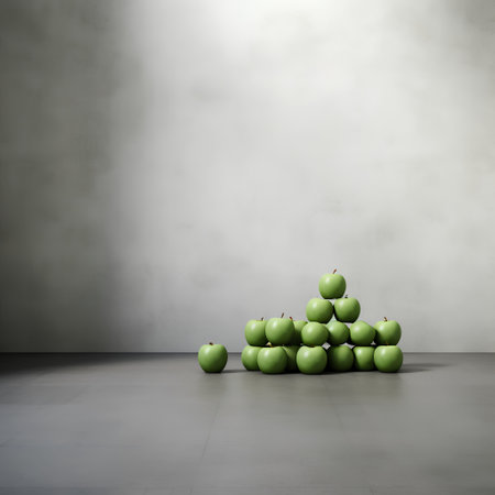 Green apples in a room with concrete wall and floor. 3d renderingの素材