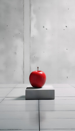 Red apple on a pedestal in a room with a concrete wallの素材