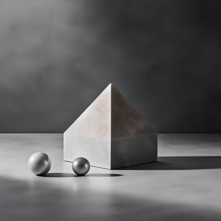 3d rendering of a pyramid with balls on a gray background.の素材