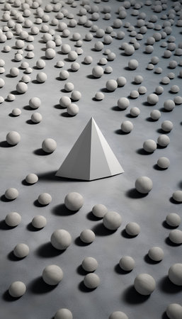 3d rendering of a pyramid in a circle of gray pebblesの素材