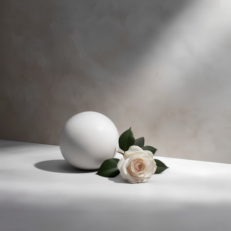 White marble ball and white rose on a light background. 3d renderingの素材