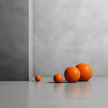 3d rendering of orange balls in an empty room with concrete wallの素材