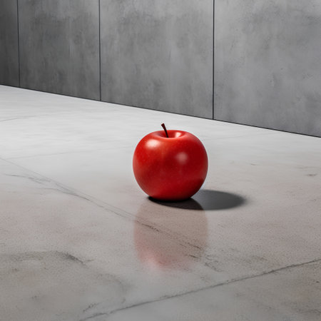 Red apple on the floor in front of concrete wall. 3d renderingの素材