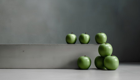 Green apples standing on grey concrete wall with copy space. 3d renderの素材