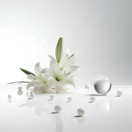 White lily and pearl on a white background. 3d illustrationの素材