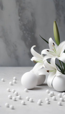 Easter composition with white lilies and eggs on a gray background.の素材