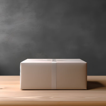 Blank cardboard box on wooden table and blackboard background. Mock upの素材