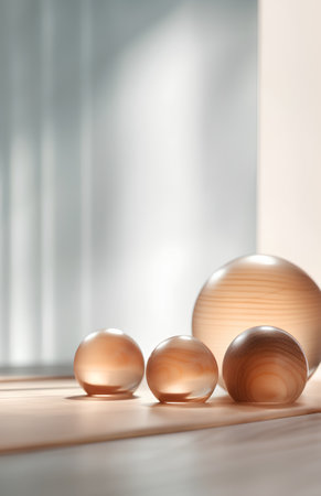 3d render of podium for product display with wooden balls in sunlightの素材