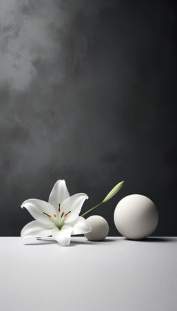 White lily flower and eggs on a gray background. 3d renderの素材