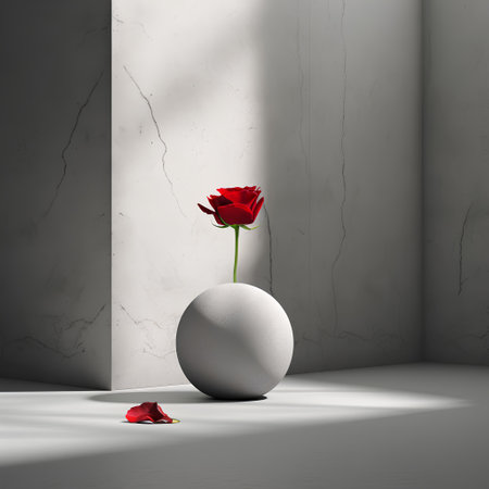 3d render, white vase with red rose on the wallの素材