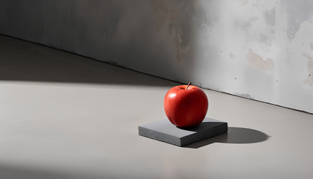 3d render of a red apple on a gray concrete pedestalの素材