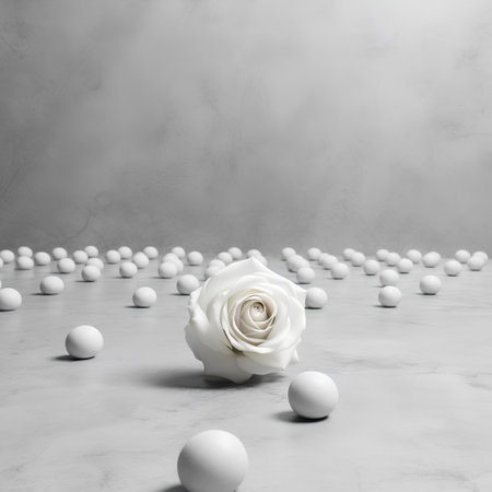 White rose and white ballsle background. 3d render illustrationの素材