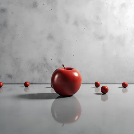 Red apple on concrete background. 3d render. Copy space.の素材