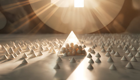 Conceptual image with pyramid and light rays. 3d renderingの素材