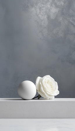White egg with a white rose on a gray background. 3d renderingの素材