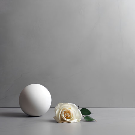 White rose and white egg on concrete background. Mock up, 3D Renderingの素材