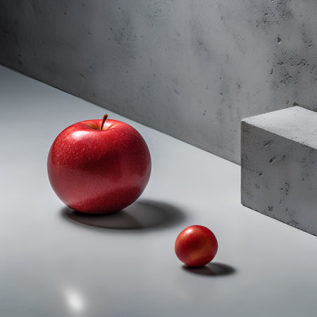 Red apple and cherry on grey concrete background. 3D rendering.の素材